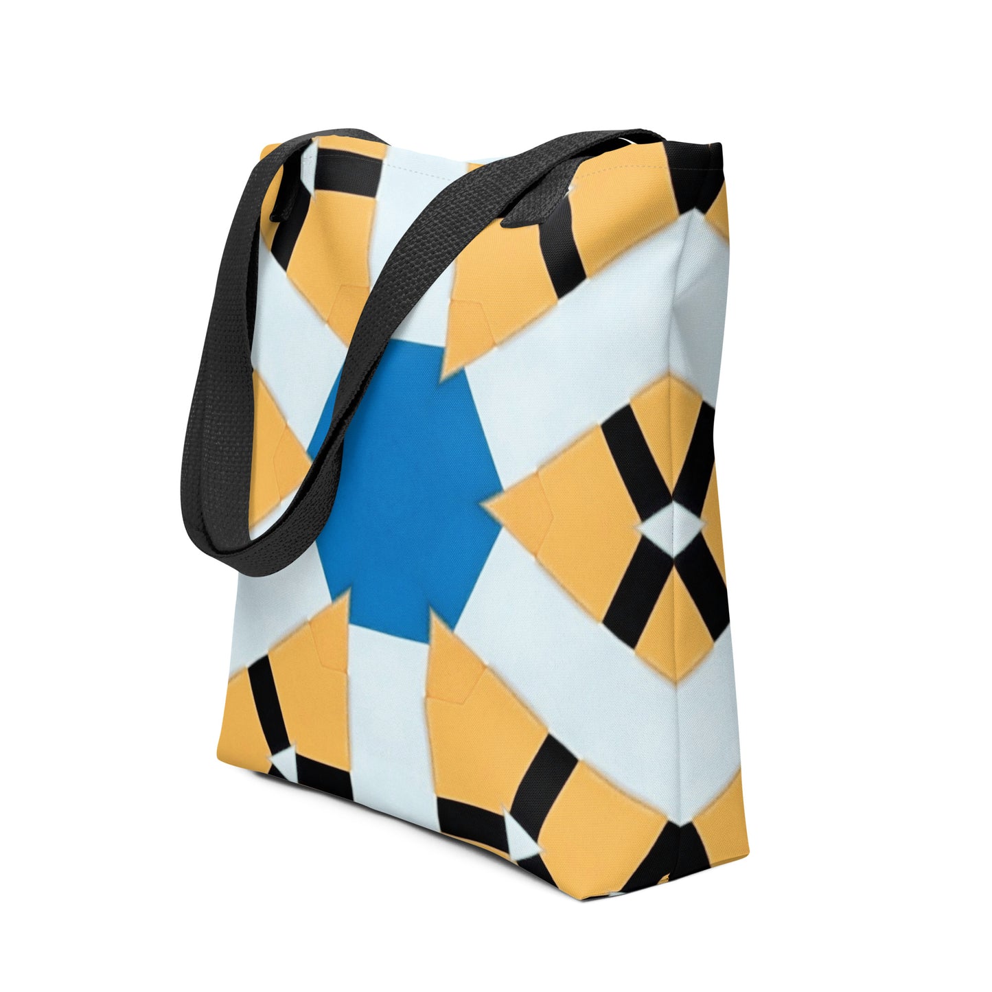 Unique geometric burst tan black white and blue print tote bag, side view