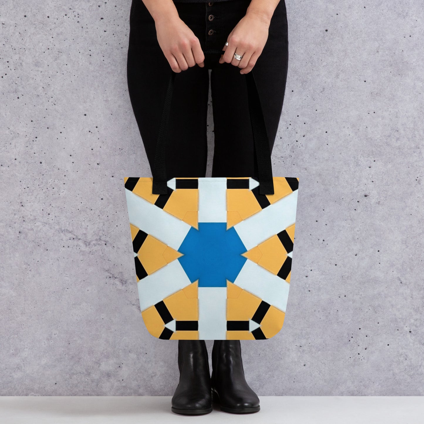 Unique geometric burst tan black white and blue print tote bag, front view