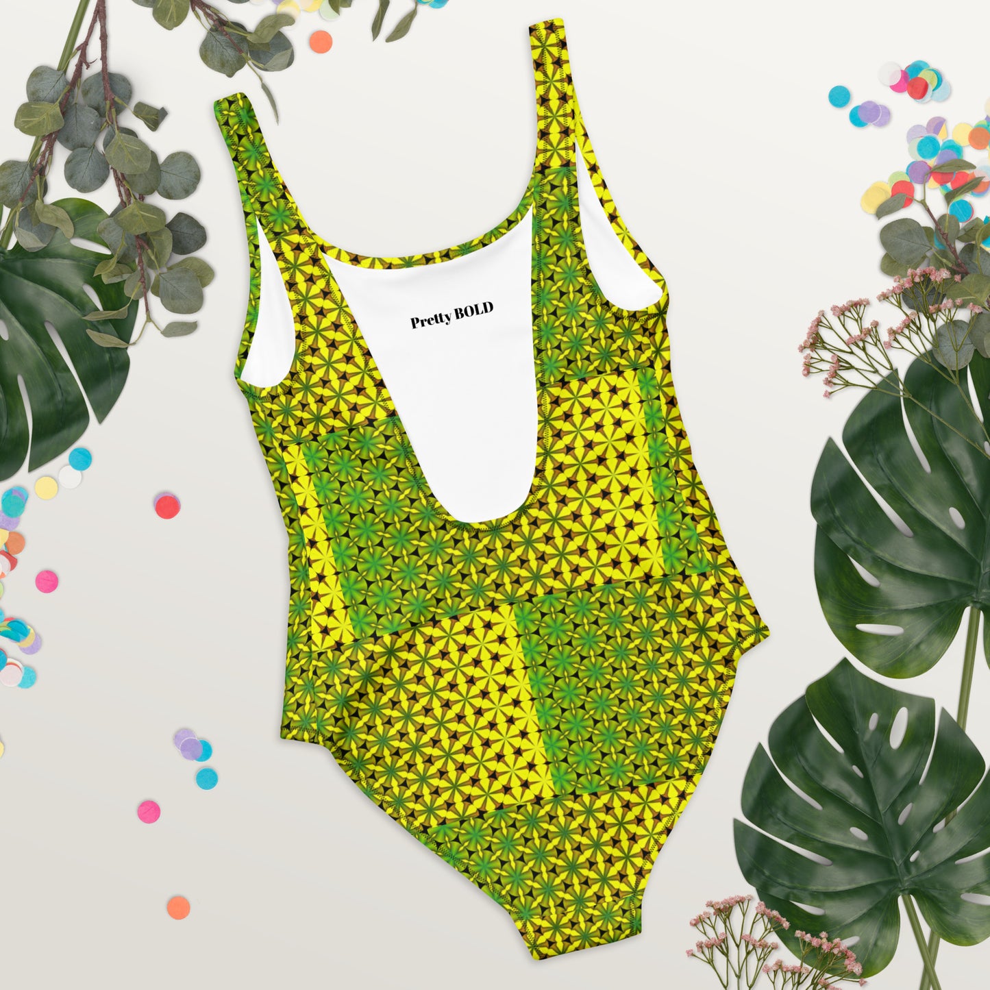 Jamaican one piece swimsuit vibrant green yellow and back colors, front view