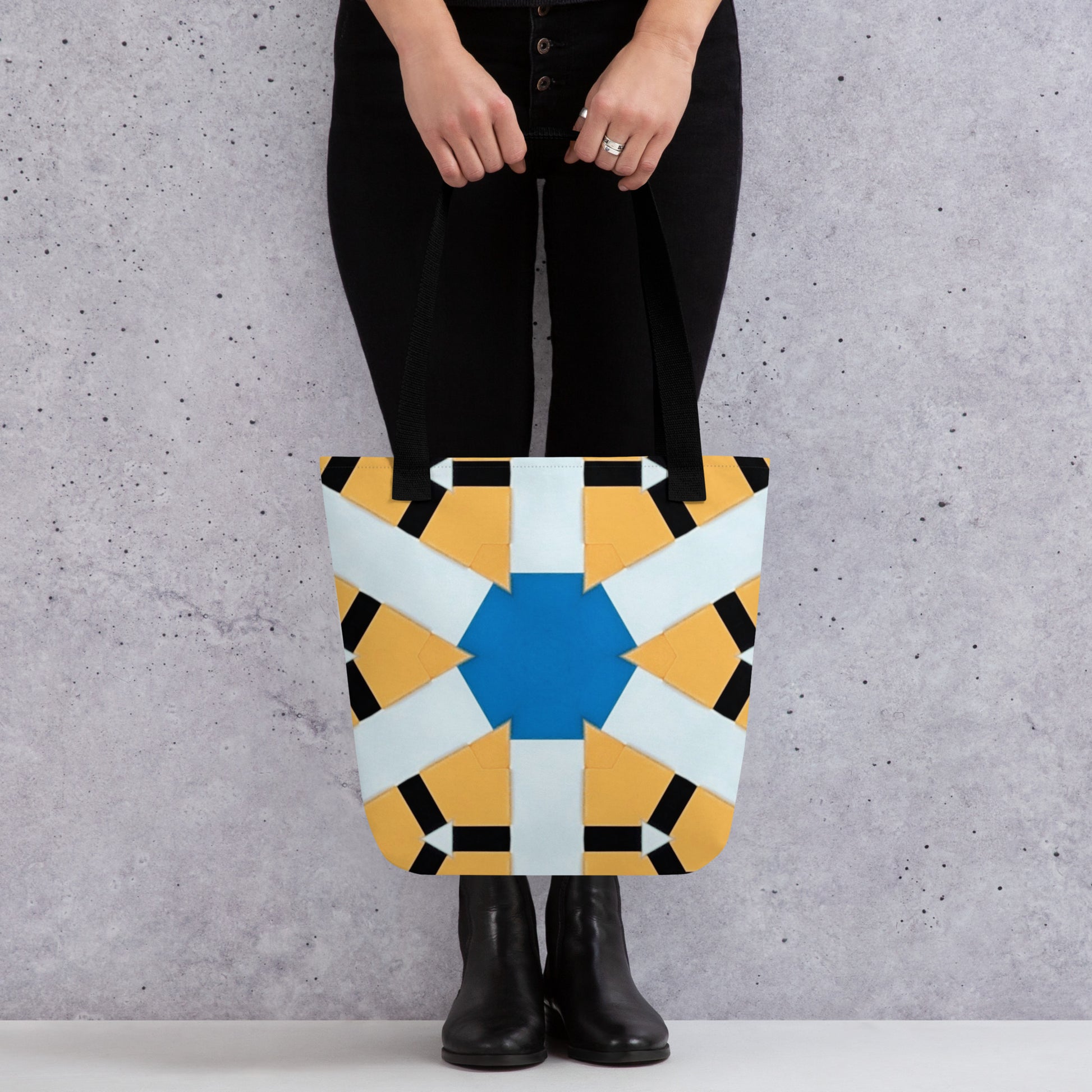 Unique geometric burst tan black white and blue print tote bag, front view
