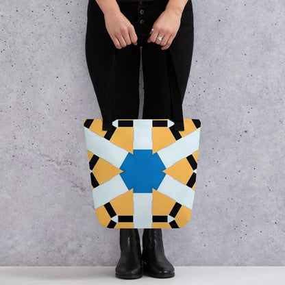 Unique geometric burst tan black white and blue print tote bag, front view