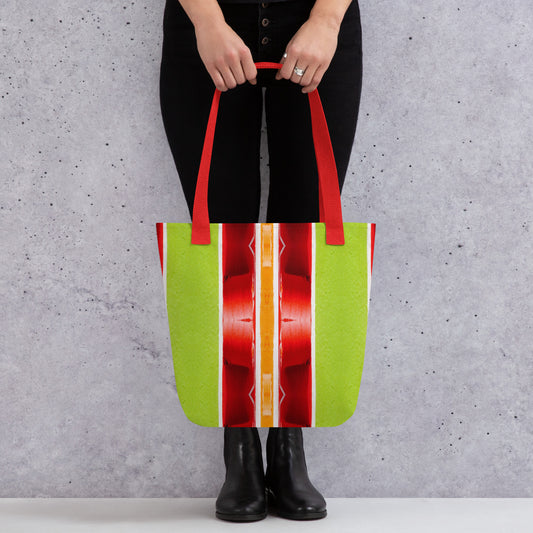 Bright green red and orange tote bag with red handle, front view