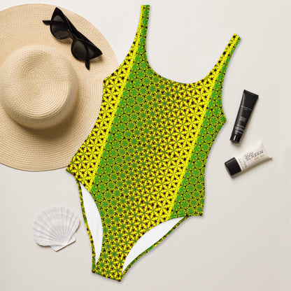 Jamaican one piece swimsuit vibrant green yellow and back colors, front view