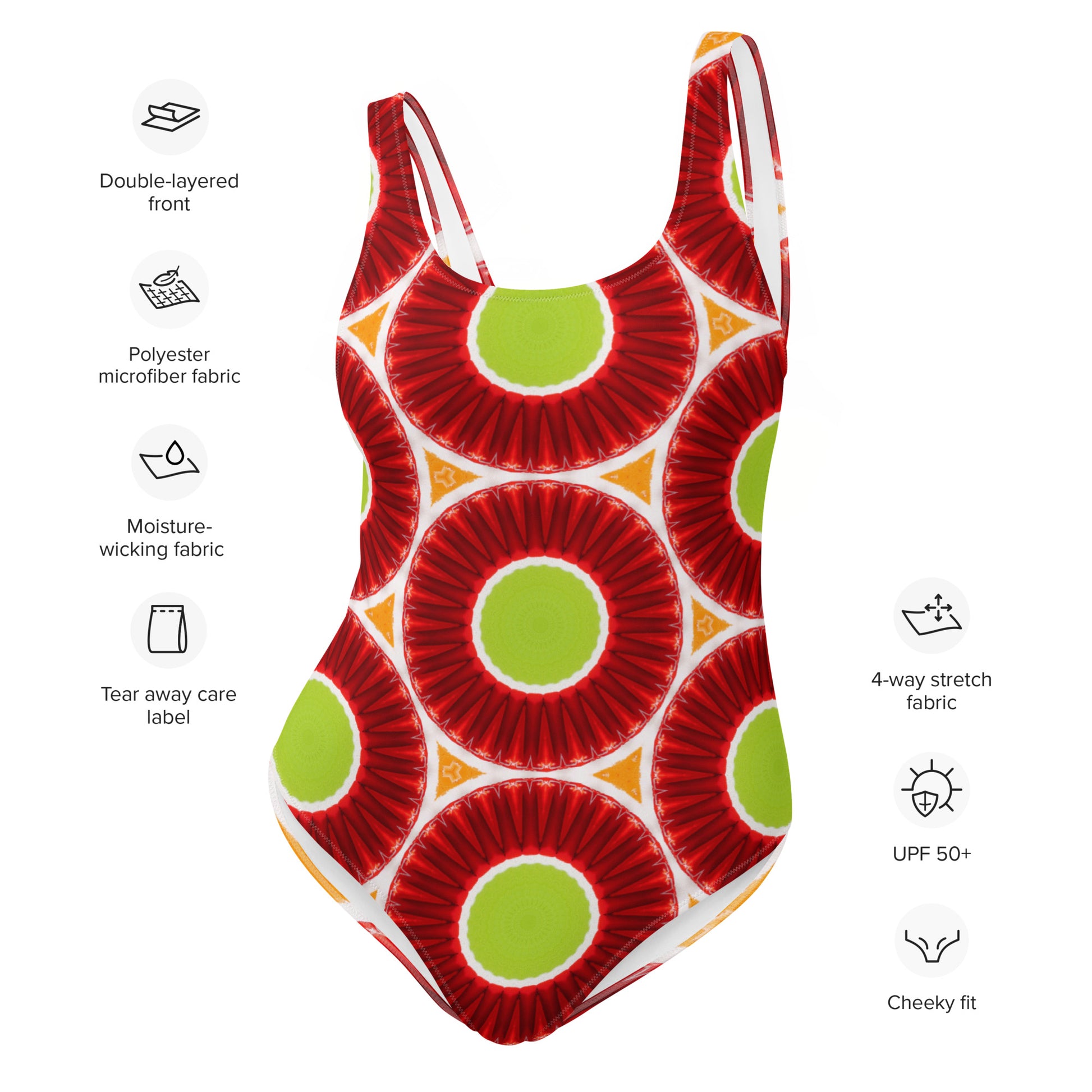 Bright circles green orange and red one-piece swimsuit cheeky fit and stretch fabric view